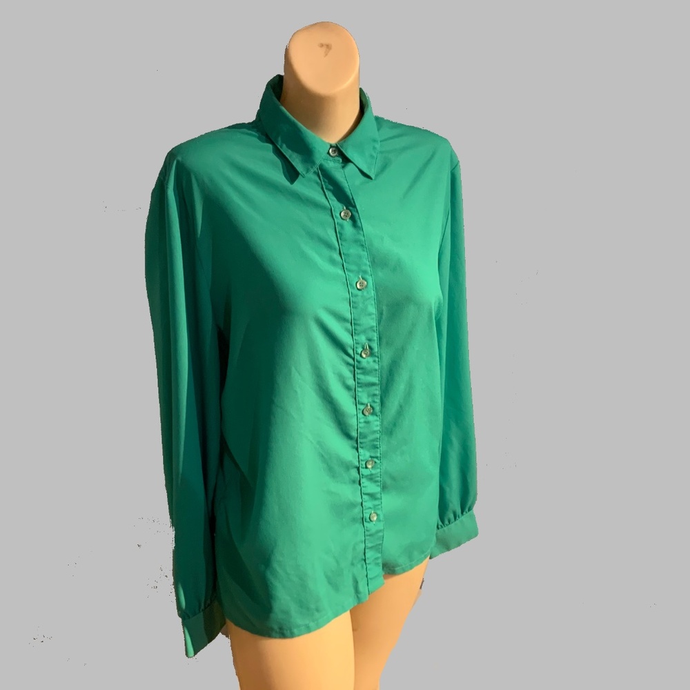 Classic Late 70s James Kenrob for Dalton Silky Green Polyester Blouse 14-16